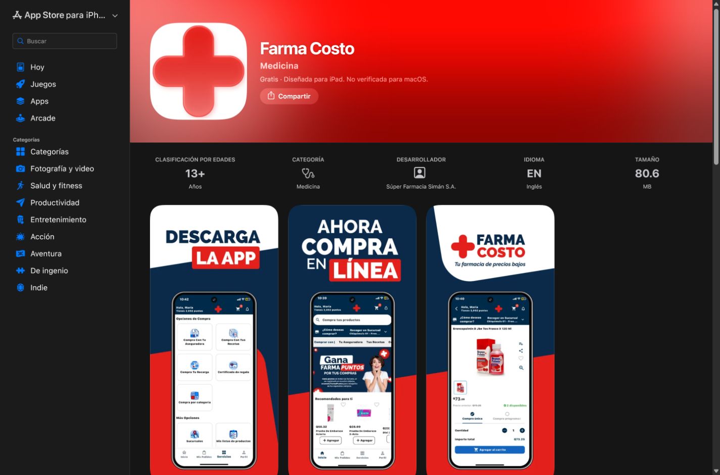 Aplicación móvil de FarmaCosto como referencia visual de integraciones y operaciones móviles